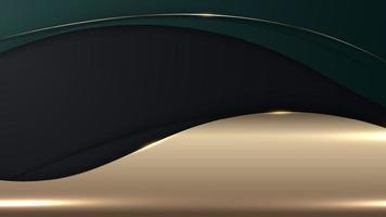 líneas de onda de color verde de lujo 3d abstracto con decoración de línea curva dorada brillante e iluminación brillante sobre fondo negro vector