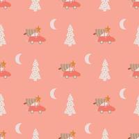 Pink Christmas seamless pattern with cars and Christmas trees. Cartoon winter holiday car in forest. Pastel pink New Year vector illustration. Hand drawn car xmas tree. Christmas tree on toy car.