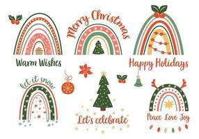 Christmas rainbow set. New Year decorative elements isolated Christmas phrases collection. Funny Christmas holiday rainbow illustration. Vector doodle design clipart. Green and red Christmas elements.