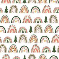 Christmas rainbows pattern. Christmas rainbows wallpaper, traditional green rainbows, fir tree decorative seamless background. New Year doodle rainbow winter holiday celebration. Vector illustration.