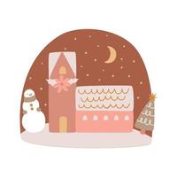 Christmas night landscape scene. Winter outdoor. Childish Merry Christmas poster. Christmas village at night snowman, Christmas tree drawing design. Night New Year postcard Nordic vector illustration.