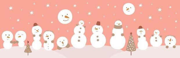 Snowman set. Snowman clipart, Cute snowman face. Funny Merry Christmas character. Pink Christmas background. Vector illustration. Smile ice man. Childish collection.