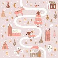 Pink Christmas outdoor poster. Christmas map. New Year landscape with road, car, Christmas tree, houses, deer, snowman, nature. Magical winter outdoor scene. Cute winter holidays vector illustration.