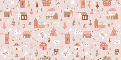 Pink Christmas village. Outdoor Christmas scene. Winter village illustrations. Pink Christmas seamless pattern Panoramic vector background. Magical winter houses, snowmen, Christmas tree, snowangel.