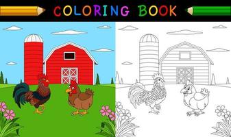 Coloring book or page. Cute rooster and hen in the farm vector