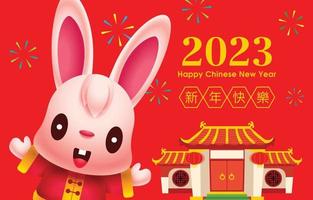 Chinese new year 2023 rabbit cartoon greeting hand with chinese temple and fireworks red background vector