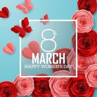 Happy International Women's Day with paper cut roses flower and square frame on blue background vector