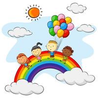 grupo de niños jugando sobre el arco iris con globos de colores vector