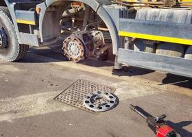 Changing wheel on truck with pneumatic wrench photo