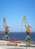 Port cranes ready to load containers from cargo ships. Vertical view photo