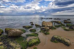 Seascape with rocks with moss on the beach photo