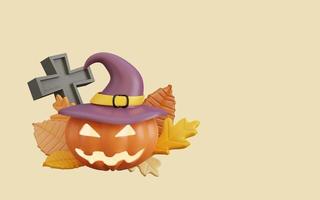 Ilustración 3d de feliz halloween con hojas de otoño foto