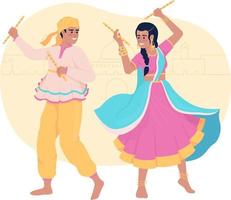 danza garba con palos en diwali 2d vector ilustración aislada. pareja bailando juntos personajes planos sobre fondo de dibujos animados. colorida escena editable para móvil, sitio web, presentación