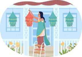 decorar el porche delantero para el festival diwali 2d vector ilustración aislada. mujer colgando papel linterna personaje plano sobre fondo de dibujos animados. colorida escena editable para móvil, sitio web, presentación