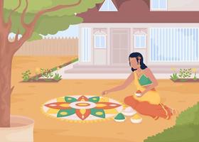 Making rangoli pattern before front door flat color vector illustration. Diwali girl in saree. Traditional Deepawali custom. Fully editable 2D simple cartoon character with cottage on background