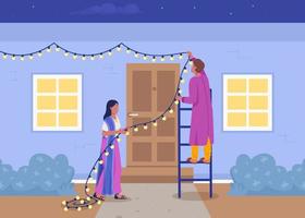Couple decorating house for Diwali flat color vector illustration. Preparation for holiday celebration. Ancient tradition. Fully editable 2D simple cartoon characters with exterior on background