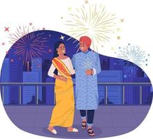 Happy couple with sparkling lights on Diwali 2D vector isolated illustration. Indian wedding flat characters on cartoon background. Fest colourful editable scene for mobile, website, presentation