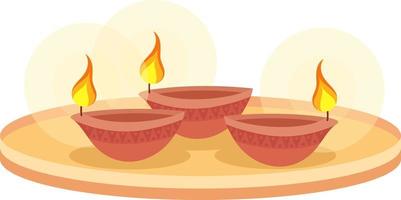 Burning oil lamps on tray semi flat color vector objects. Editable elements. Full sized items on white. Diwali symbol simple cartoon style illustration for web graphic design and animation