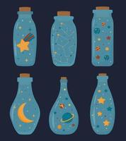 Hand-drawn bottles with night and space attributes moon, stars, planets, comets, clouds. Illustration for nursery decoration, textile, posters pillow design. Sweet dreams and good night concept. vector