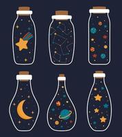 Hand-drawn bottles with night and space attributes moon, stars, planets, comets, clouds. Illustration for nursery decoration, textile, posters pillow design. Sweet dreams and good night concept. vector