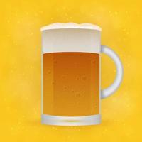 Realistic mug of beer on bright yellow and orange background. Light lager beer froth and bubbles. Oktoberfest theme. Pub or bar vector illustration.