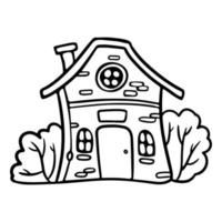 Cute house with bushes outline doodle cartoon style vector illustration for coloring book