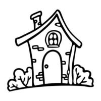 Cute house with bushes outline doodle cartoon style vector illustration for coloring book