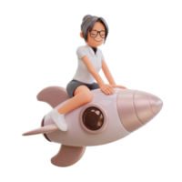 Young businesswoman with rocket 3d cartoon illustration png