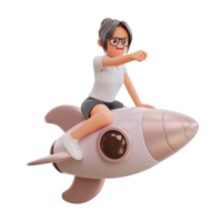 Young businesswoman with rocket 3d cartoon illustration png