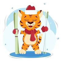 a tiger cub in a New Year's hat, scarf and mittens stands with skis and ski poles vector