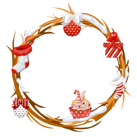 ramitas de círculo de dibujos animados con atributos navideños, calcetín, regalo, cupcake y bolas. png