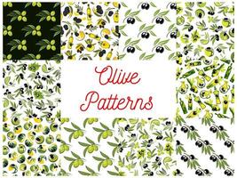 Olive fruits with oil seamless patterns set vector