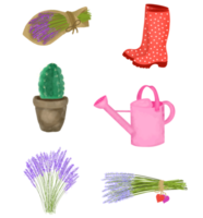 Provence style set, lavender, garden, rubber boots, watering can png