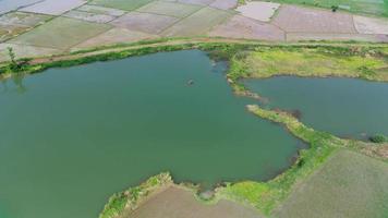 Blue water lake in the middle of the rice fields, the former lake of the red earth excavation project. Aerial View 4K Video