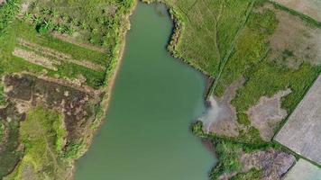 lago de água azul no meio dos campos de arroz, o antigo lago do projeto de escavação de terra vermelha. vídeo 4k vista aérea video