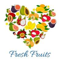 Heart emblem of fresh exotic tropical fruits vector