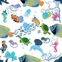 Marine life, fish, animals bright seamless pattern. sea travel, underwater diving animal tropical fish. Jellyfish, whale, shark, seahorse, clown fish, dolphin, turtle, emperor vector