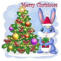 lindo conejito de dibujos animados en el sombrero de santa cerca del árbol de navidad decorado. invierno 2023, navidad y año nuevo vector
