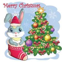 A cute cartoon rabbit in a Santa hat sits in a stocking near a decorated Christmas tree. Winter 2023, Christmas vector