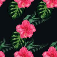 Seamless pattern with tropical leaves, hibiscus flowers vector