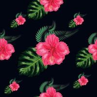 Seamless pattern with tropical leaves, hibiscus flowers vector