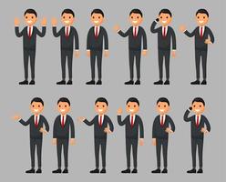 Set of businessman cartoon in a black suit with different poses. Vector illustration in a flat style