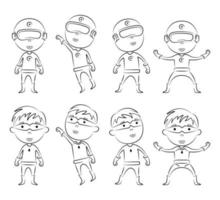 conjunto de contorno de personaje de dibujos animados de superhéroes en diferentes poses vector