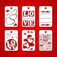 Collection of Happy Valentines day gift tags. Set of hand drawn holiday label in white and red. Romantic badge design vector