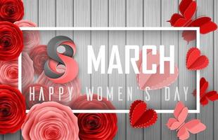 International Happy Women's Day with paper cutting butterflies, roses flowers and black round sign on wooden background vector