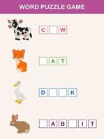 Complete the words children educational game. Learning farm animals theme and vocabulary vector