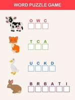 Complete the words children educational game. Learning farm animals theme and vocabulary vector