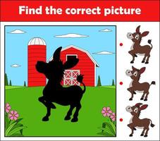 encuentra la imagen correcta, juego educativo para niños. burro feliz en la granja vector