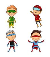 lindos cuatro niños vestidos con disfraces de superhéroes con diferentes poses vector