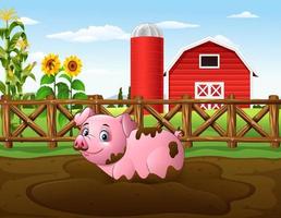 Cartoon pig playing a mud puddle in the farm vector